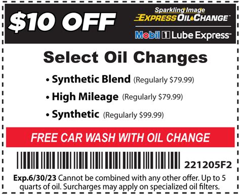 Average Item Price: $34. . Printable take 5 oil change coupons